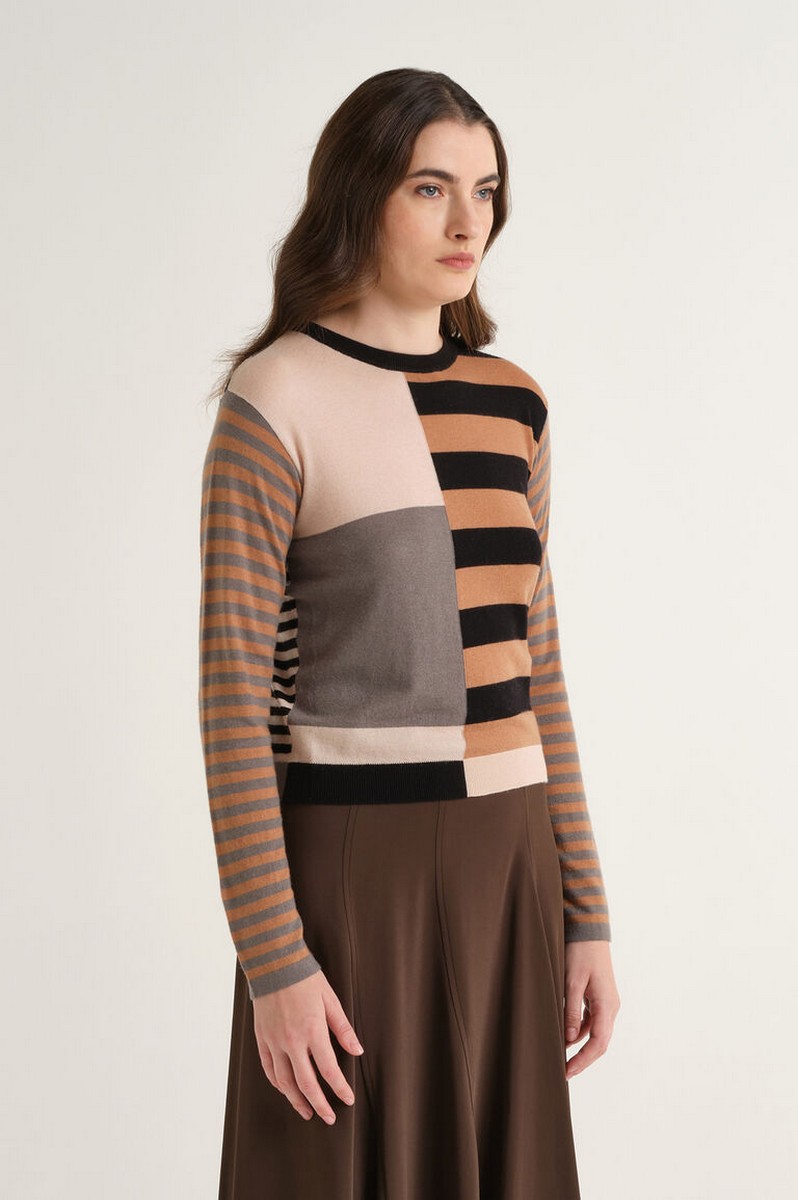 Maliparmi Γυναικείο Camel Color Block Πλεκτό Πουλόβερ Regular Fit Με Intarsia Ρίγες Viscose Blend Και Μαλλί Για Elegant Casual Εμφανίσεις