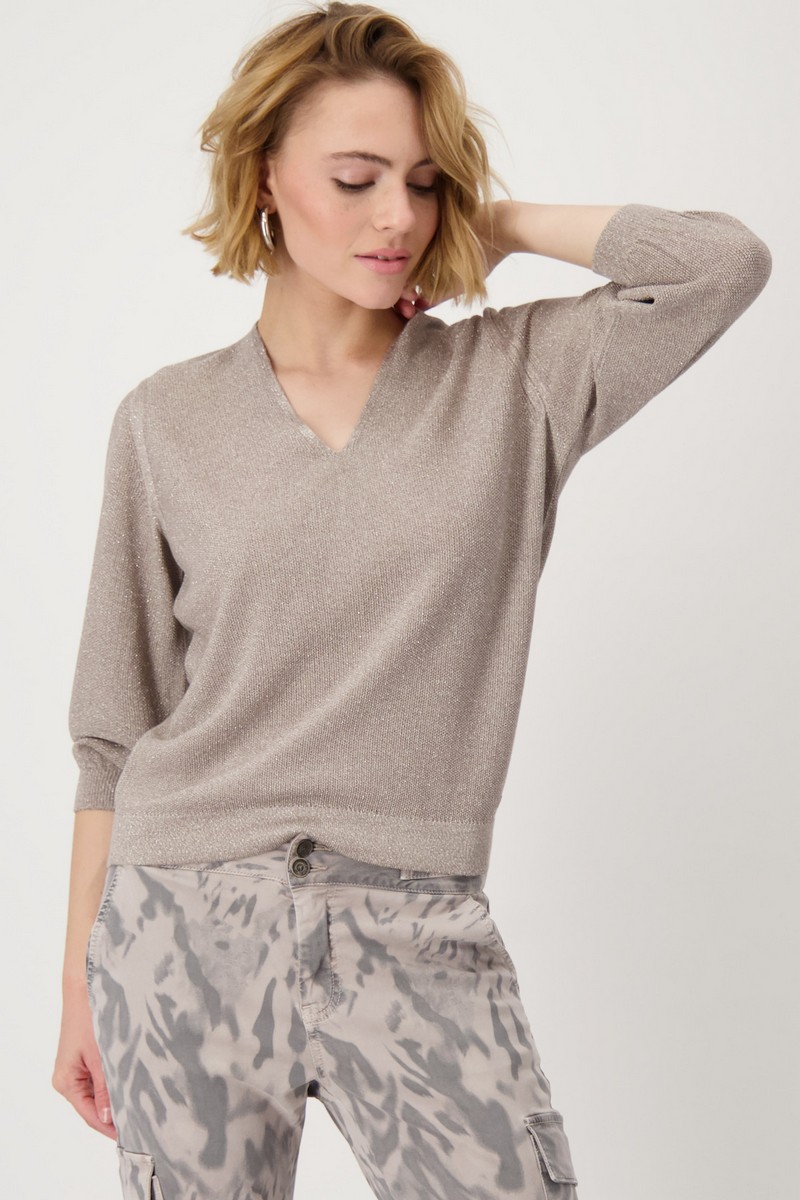 Monari Γυναικείο Πλεκτό Lurex με V-Λαιμόκοψη σε Μπεζ φωτογραφία