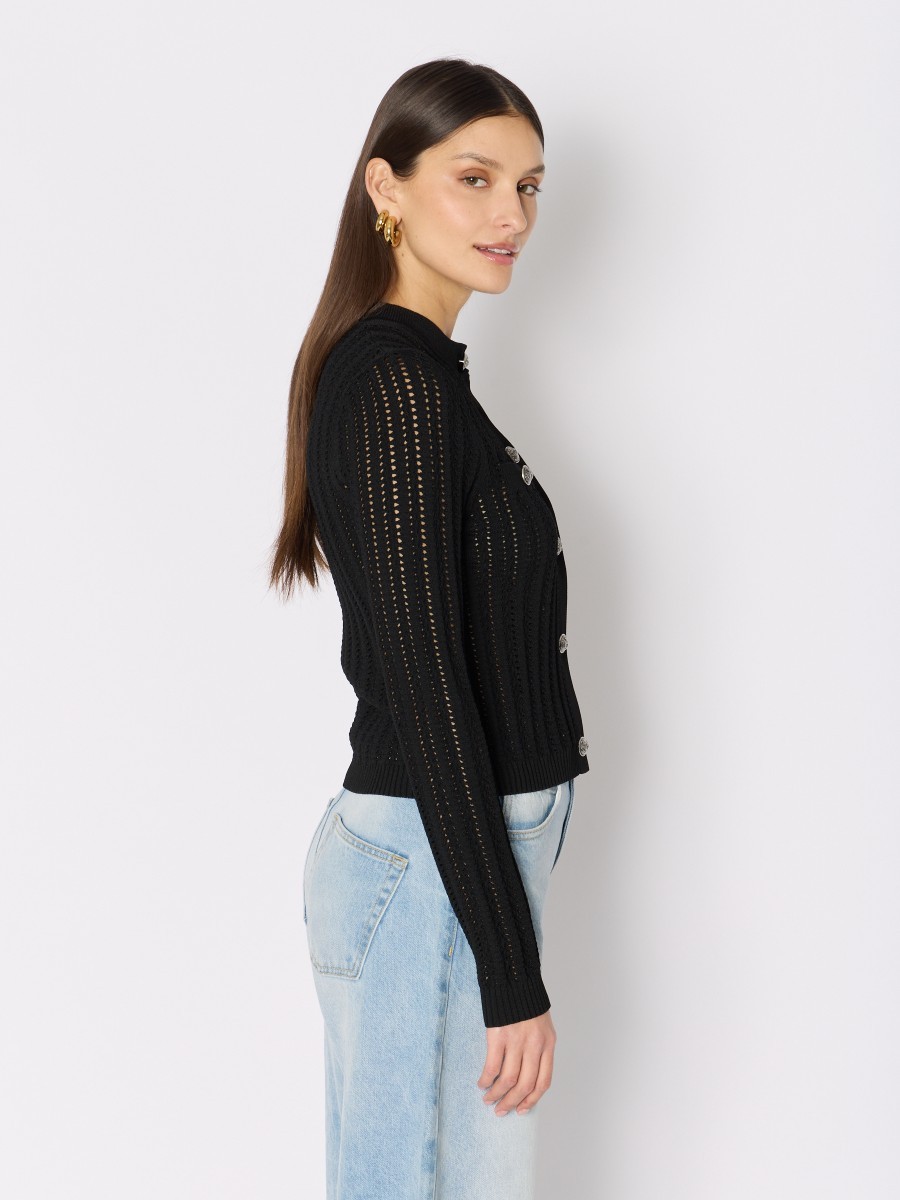 Berenice Γυναικεία Ζακέτα Slim Fit Από Διάτρητο Πλεκτό Με Μεταλλικά Κουμπιά Μαύρη φωτογραφία