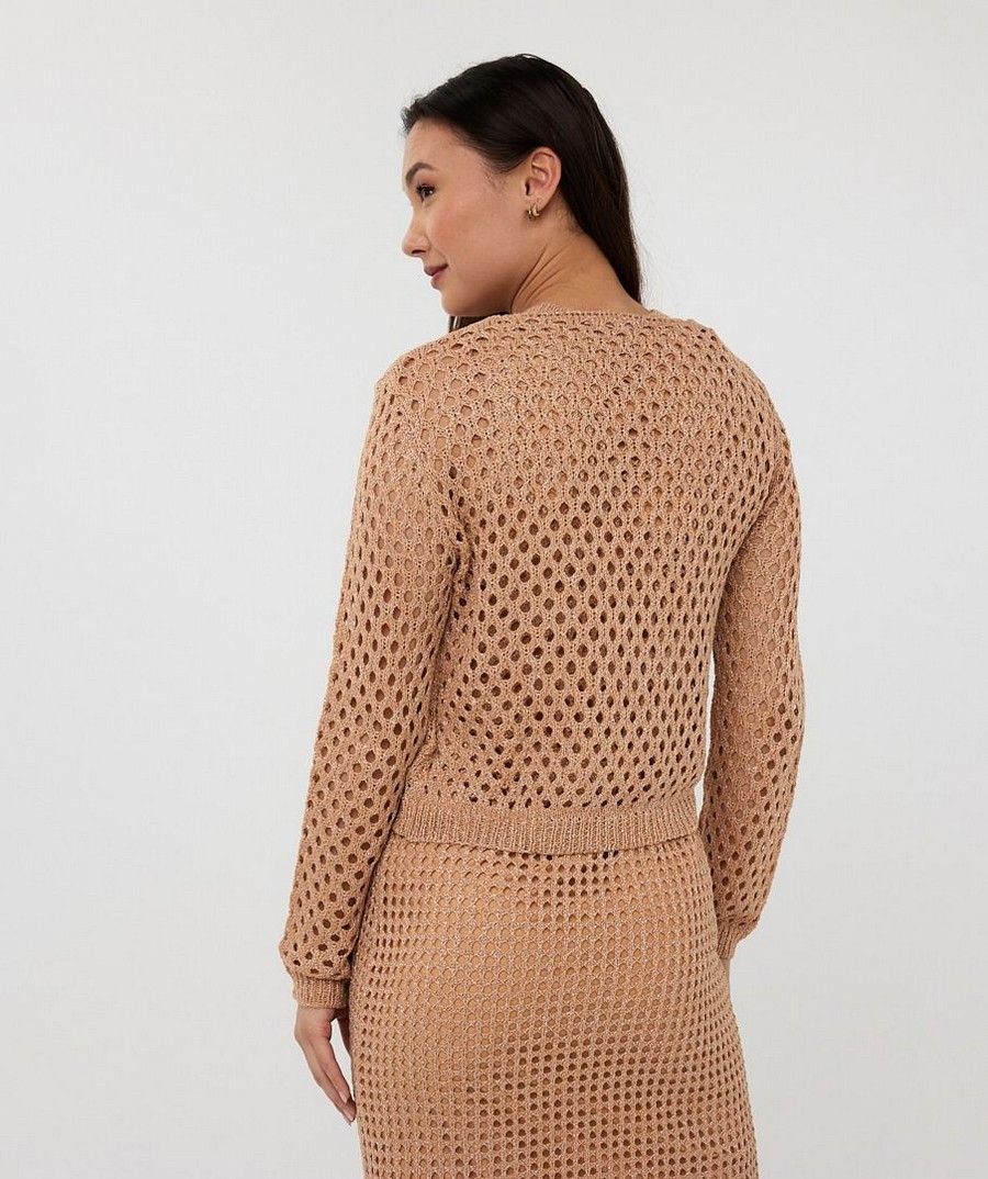 EsQualo Γυναικεία Πλεκτή Ζακέτα Lurex με Κουμπί Regular Fit σε Nude φωτογραφία