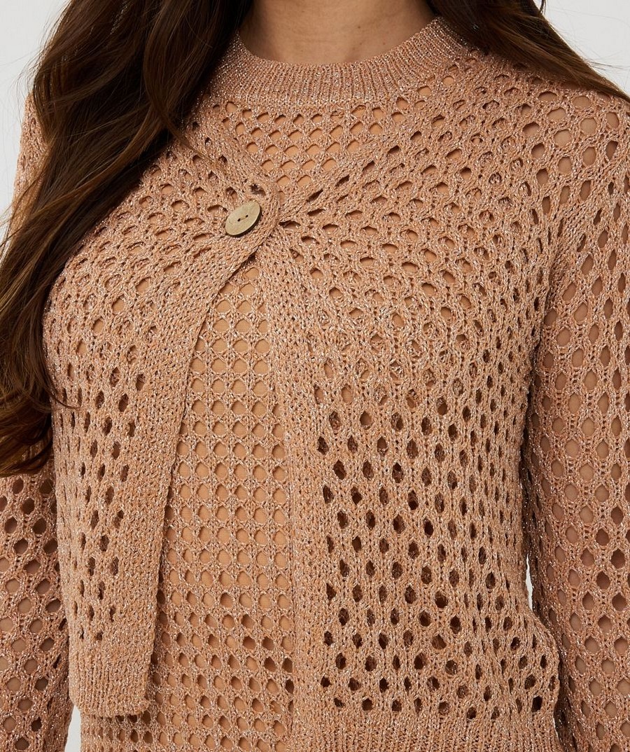 EsQualo Γυναικεία Πλεκτή Ζακέτα Lurex με Κουμπί Regular Fit σε Nude φωτογραφία