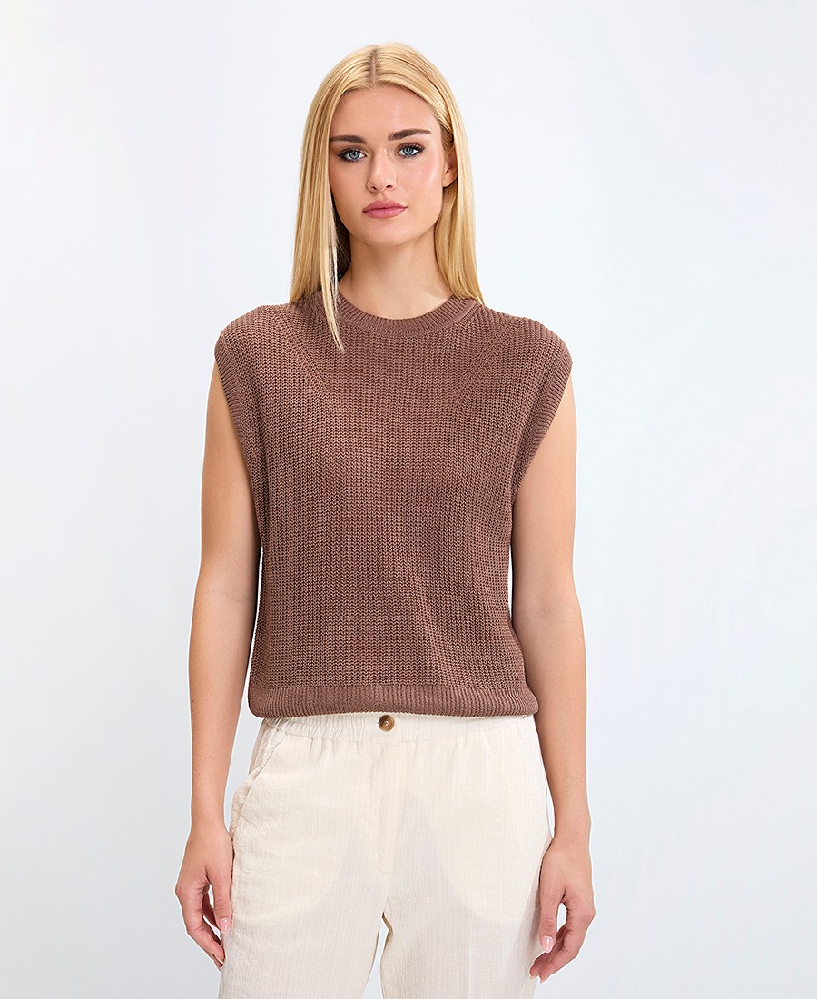 Seventy Venezia Seventy Venezia Γυναικείο Πλεκτό Αμάνικο Τοπ με Στρογγυλή Λαιμόκοψη σε Καφέ