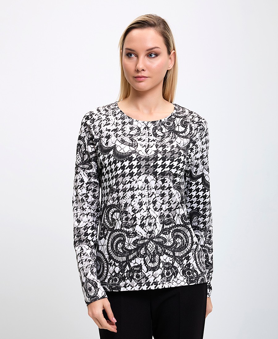 Clarina Γυναικεία Μπλούζα με Στρογγυλή Λαιμόκοψη Εμπριμέ Άσπρο-Μαύρο