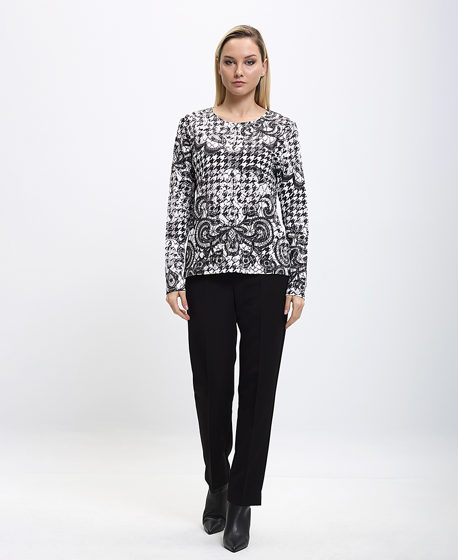 Γυναικεία Μπλούζα με Στρογγυλή Λαιμόκοψη Εμπριμέ Άσπρο-Μαύρο φωτογραφία