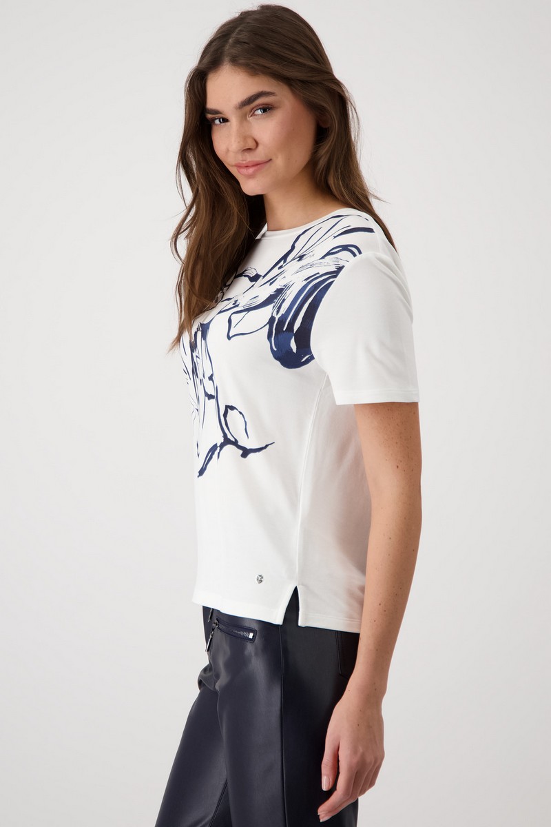 Monari Γυναικείο T-shirt Regular Fit με Φλοράλ Print και Στρας "Off-white" φωτογραφία