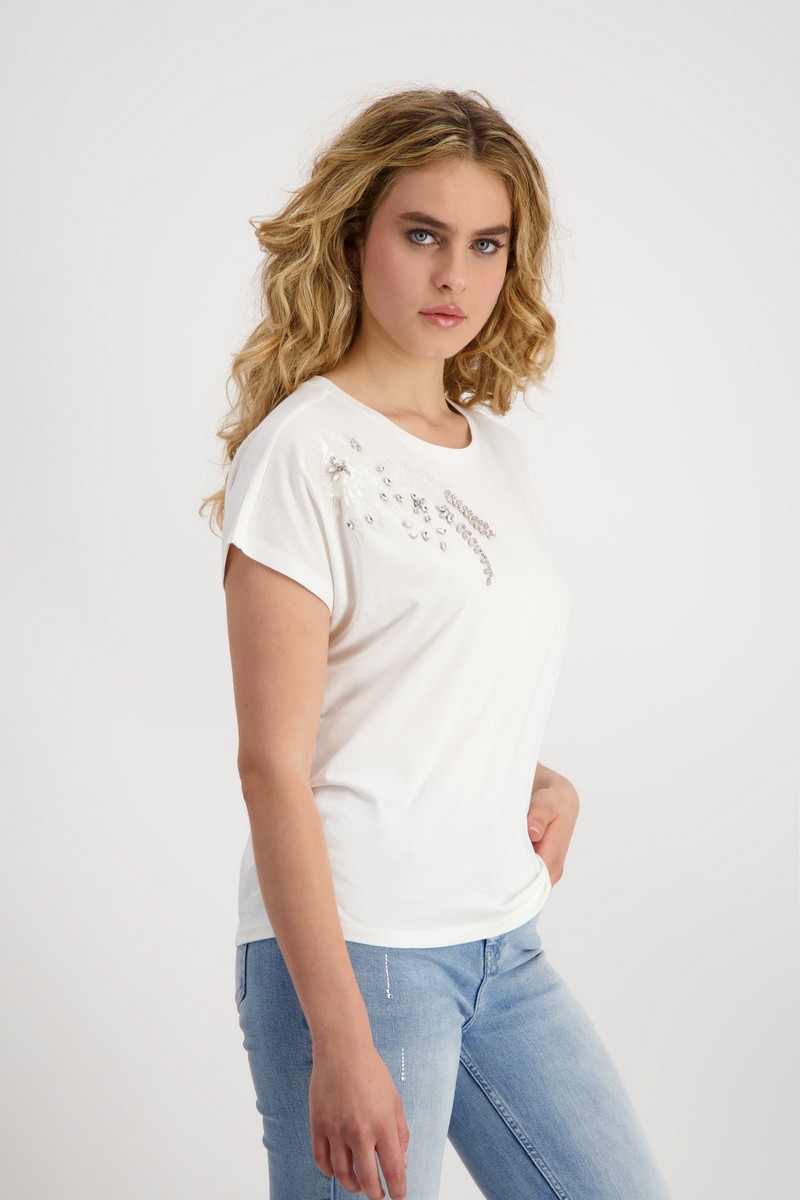 Monari Γυναικείo T-Shirt με Πούλιες και Strass σε Υπόλευκο φωτογραφία