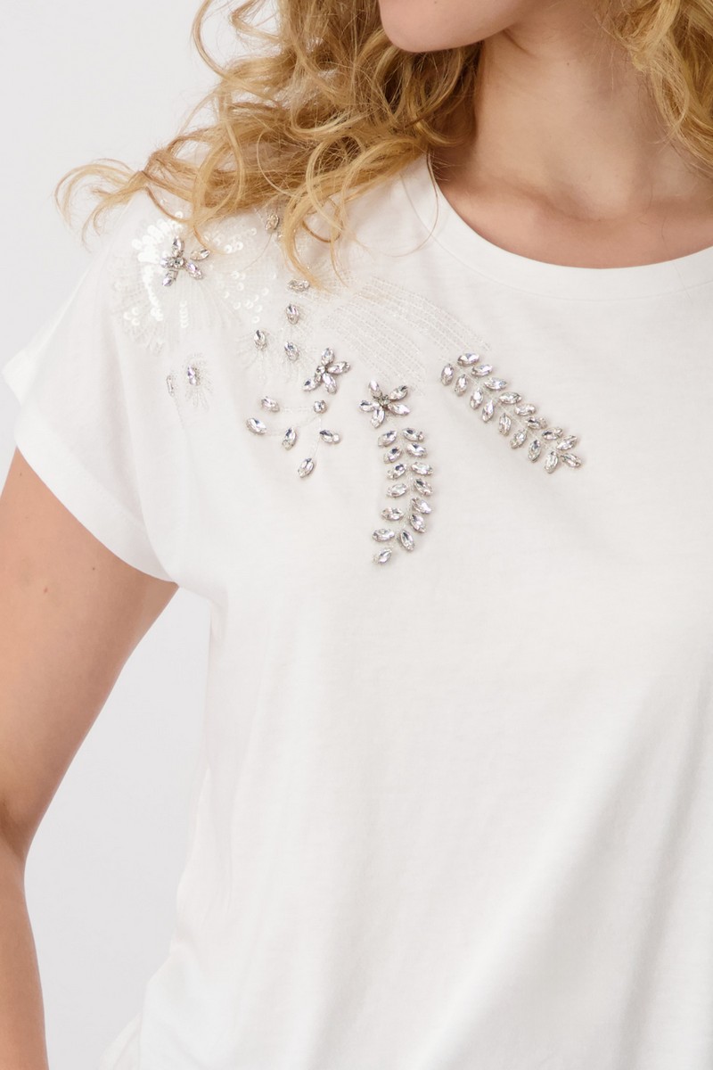 Monari Γυναικείo T-Shirt με Πούλιες και Strass σε Υπόλευκο φωτογραφία
