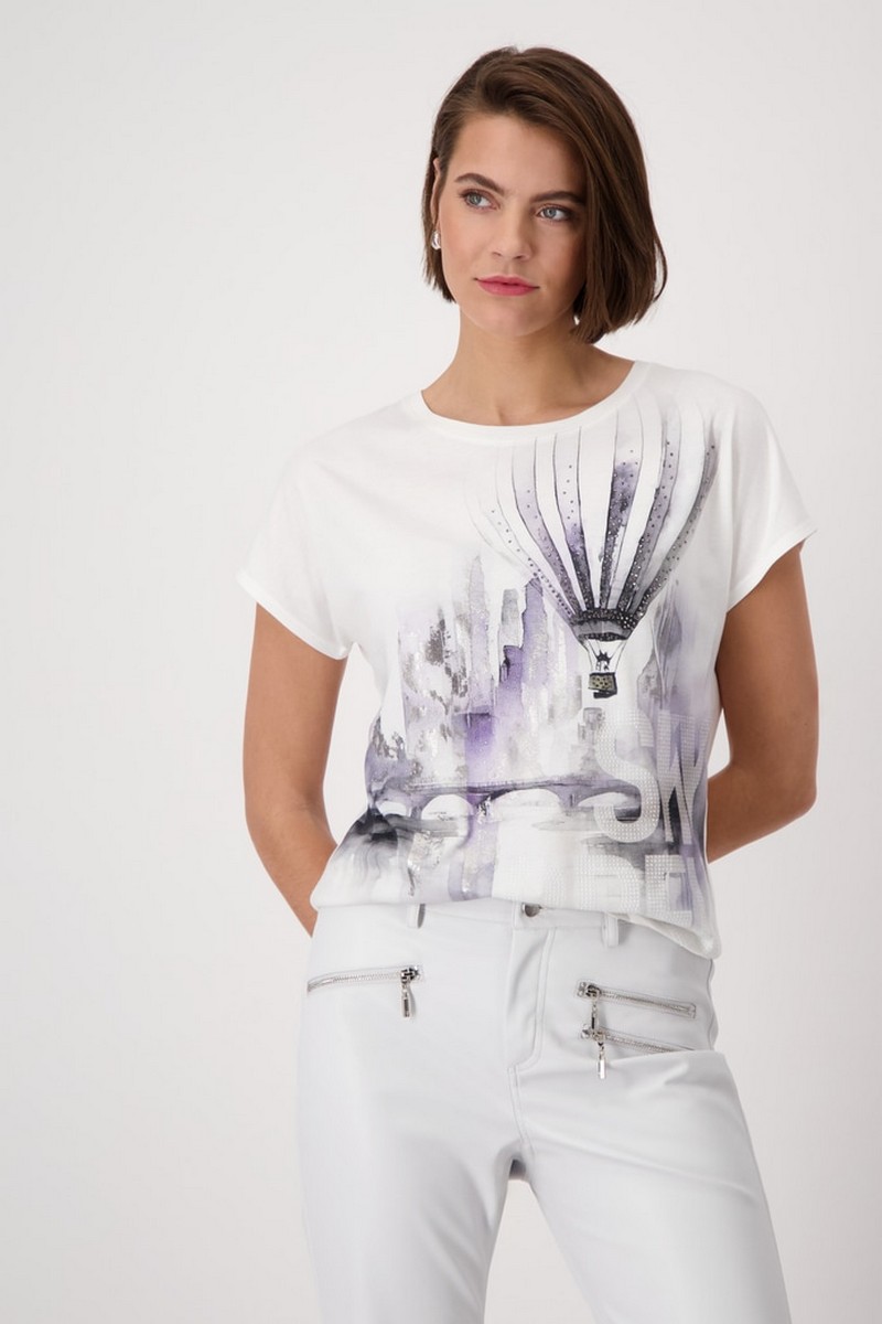 Monari Monari Γυναικείο T-shirt Regular Fit με City Print και Στρας "Off-white"