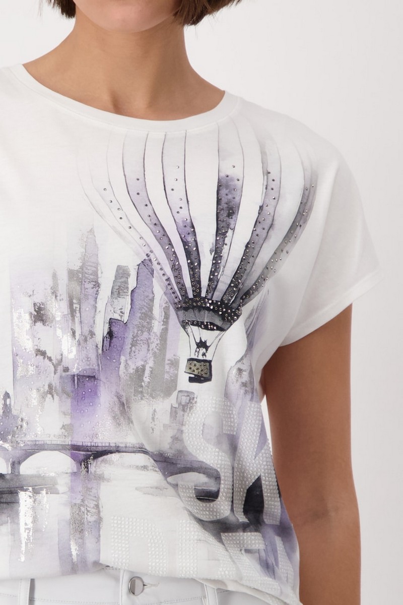 Monari Γυναικείο T-shirt Regular Fit με City Print και Στρας "Off-white" φωτογραφία