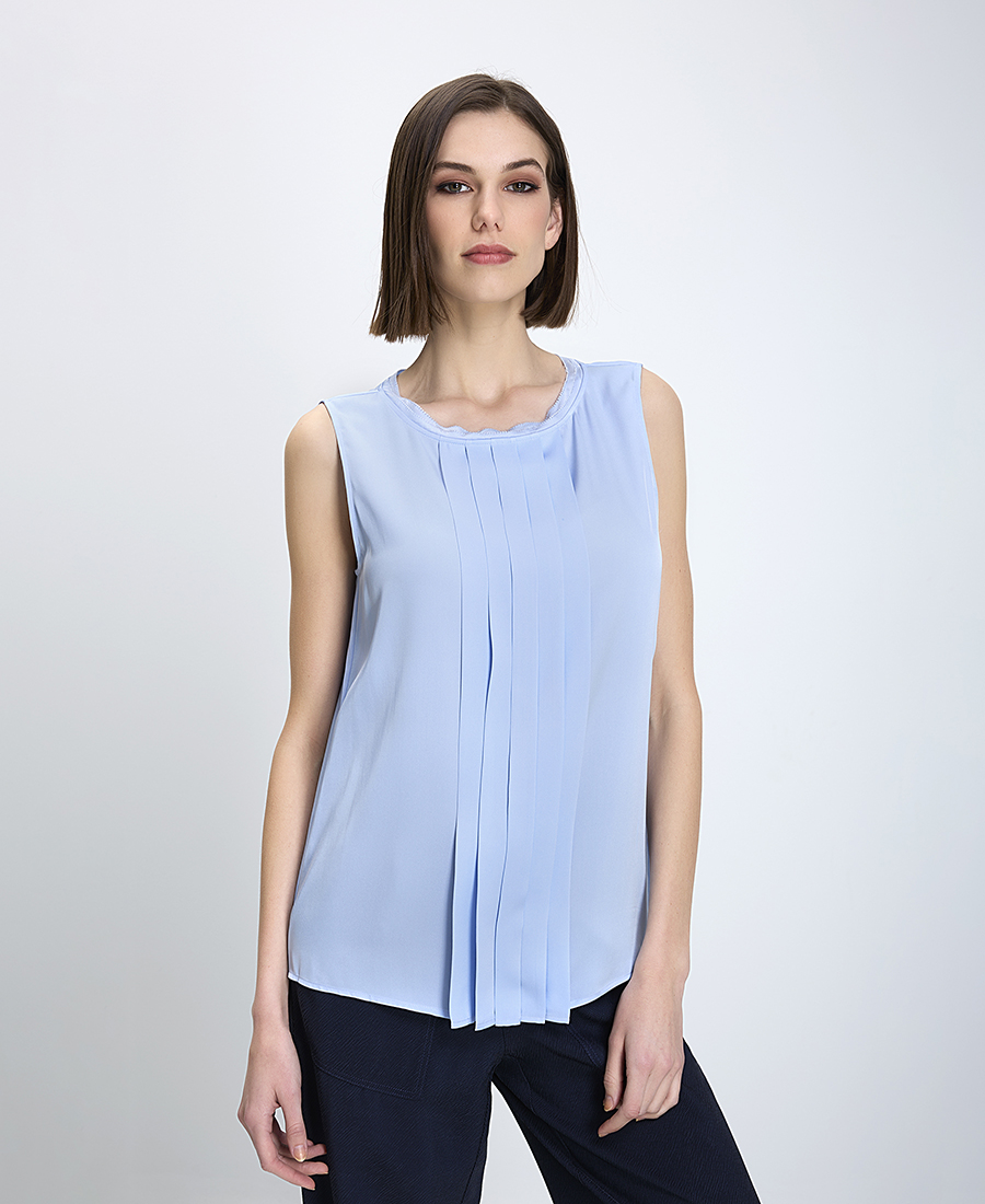 Boss Γυναικείο Τοπ Κανονική Γραμμή Μεταξωτό Με Πιέτες Μπλε