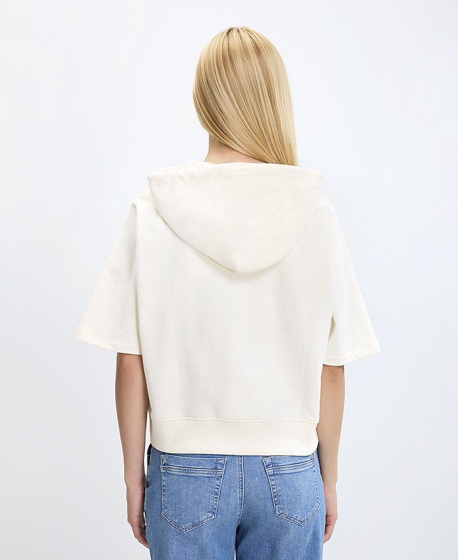 Boss Γυναικεία Μπλούζα Βαμβακερή με Κουκούλα και Κοντό Μανίκι σε Εκρού φωτογραφία