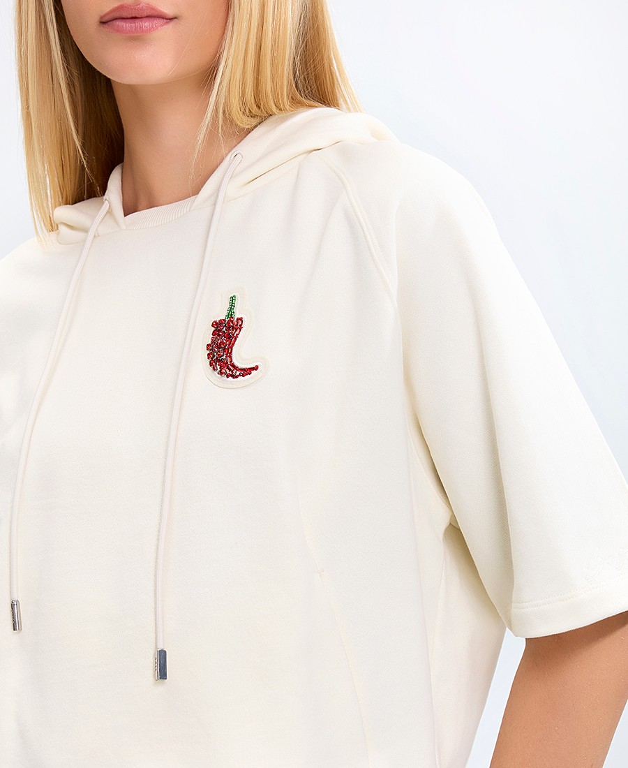 Boss Γυναικεία Μπλούζα Βαμβακερή με Κουκούλα και Κοντό Μανίκι σε Εκρού φωτογραφία