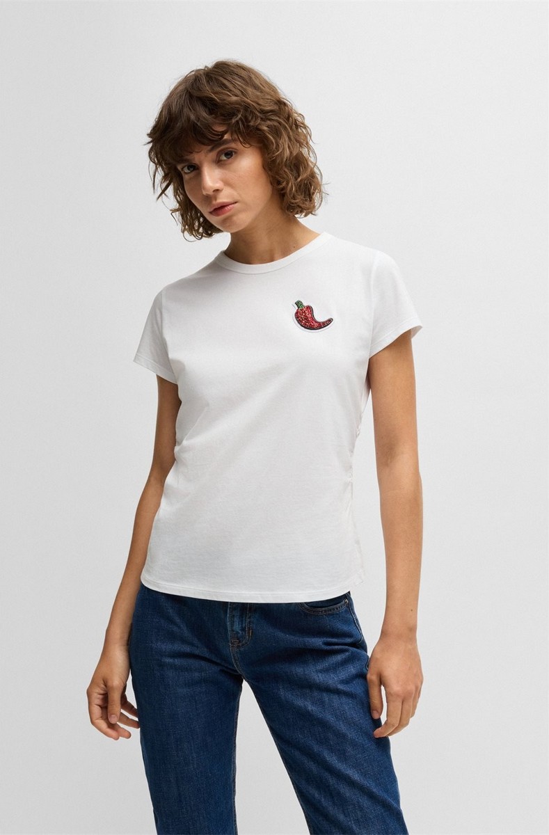 Boss Boss Γυναικείο T-shirt από Βαμβάκι με Strass Slim Fit σε Λευκό