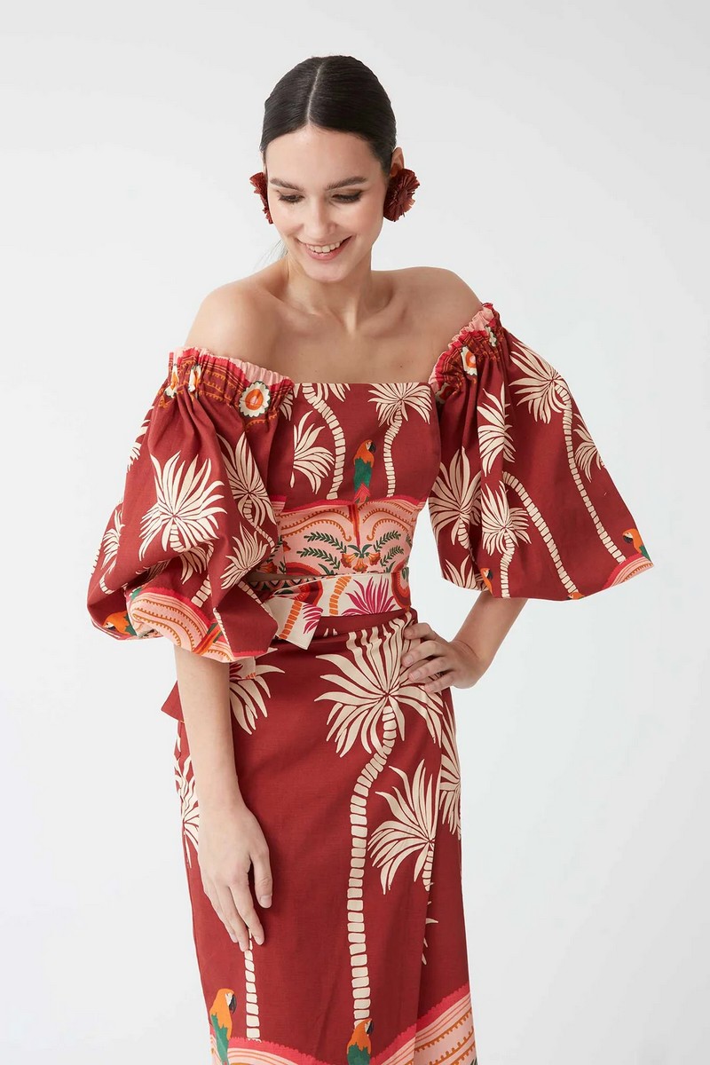 Γυναικείο Τοπ με Τροπικό Μοτίβο και Τετράγωνο Ντεκολτέ φωτογραφία