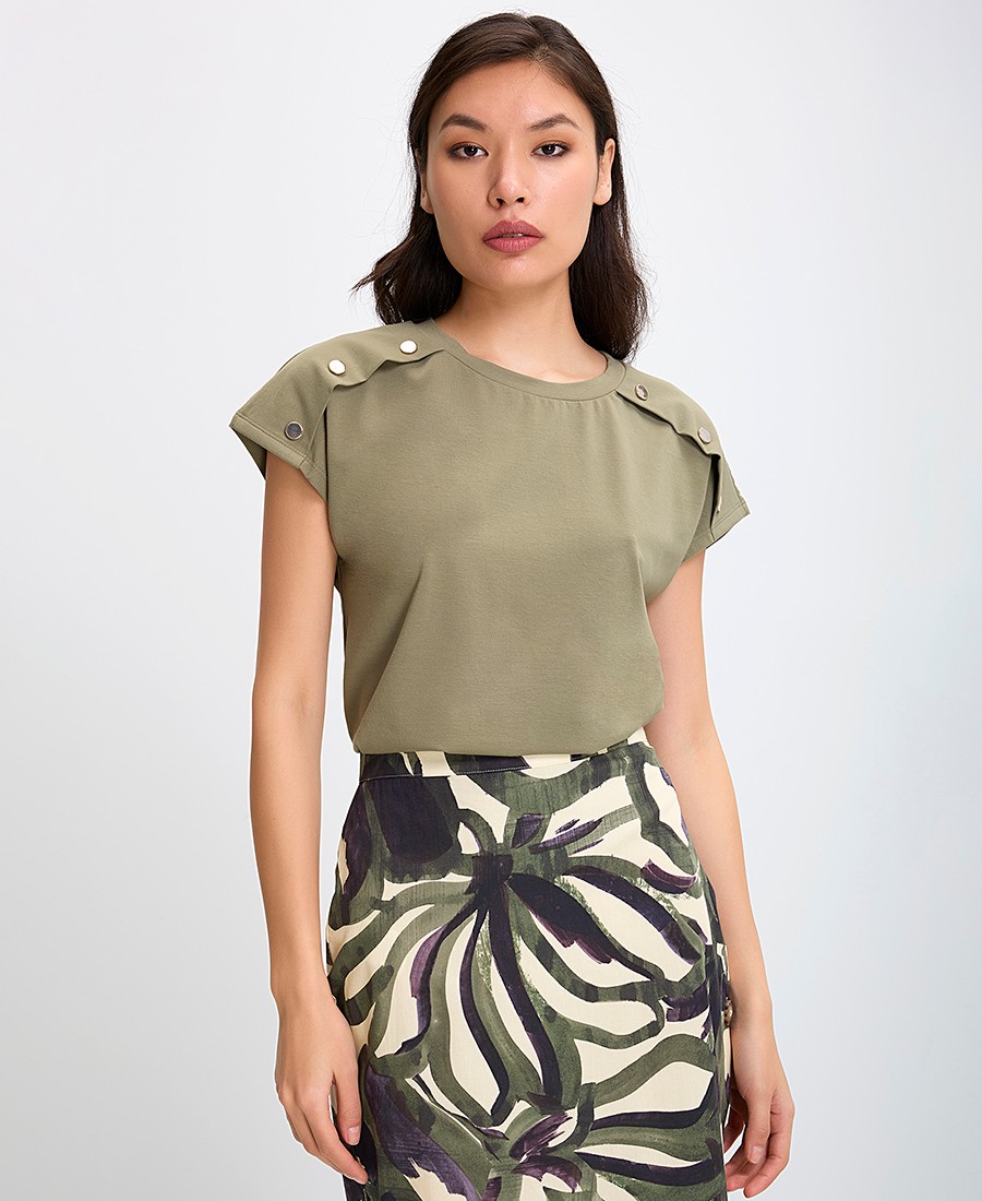 Γυναικεία Μπλούζα Βαμβακερή με Τρουκς Regular Fit σε Χακί