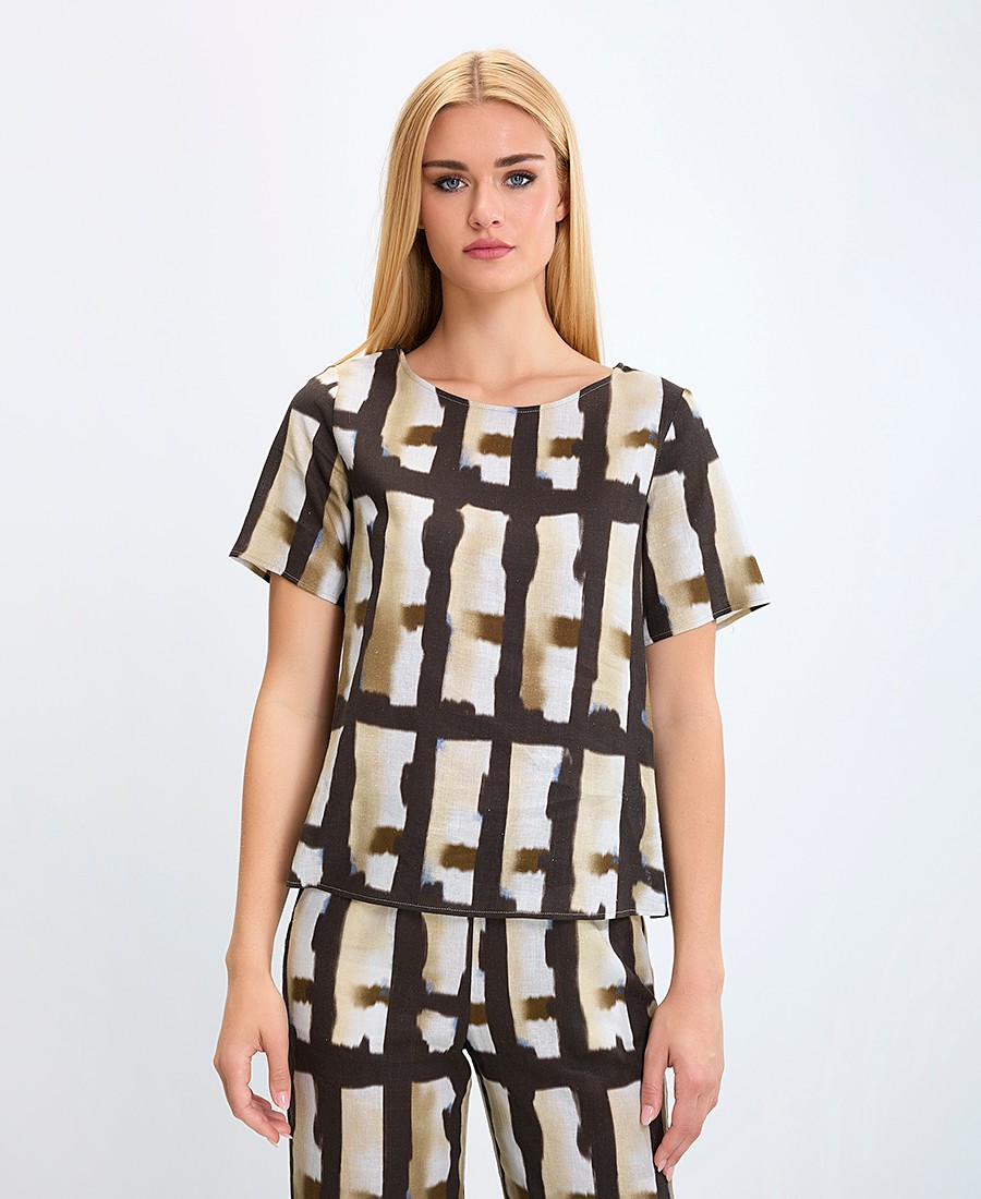 Γυναικείο Τοπ με Γεωμετρικό Μοτίβο και Στρογγυλή Λαιμόκοψη