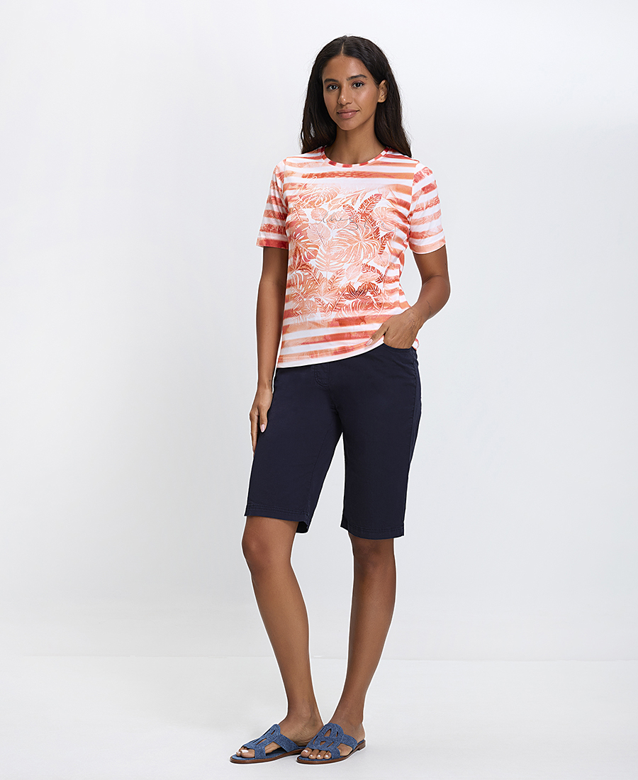 Γυναικείο T-shirt με Ριγέ Βάση και Τροπικό Μοτίβο Regular Fit φωτογραφία