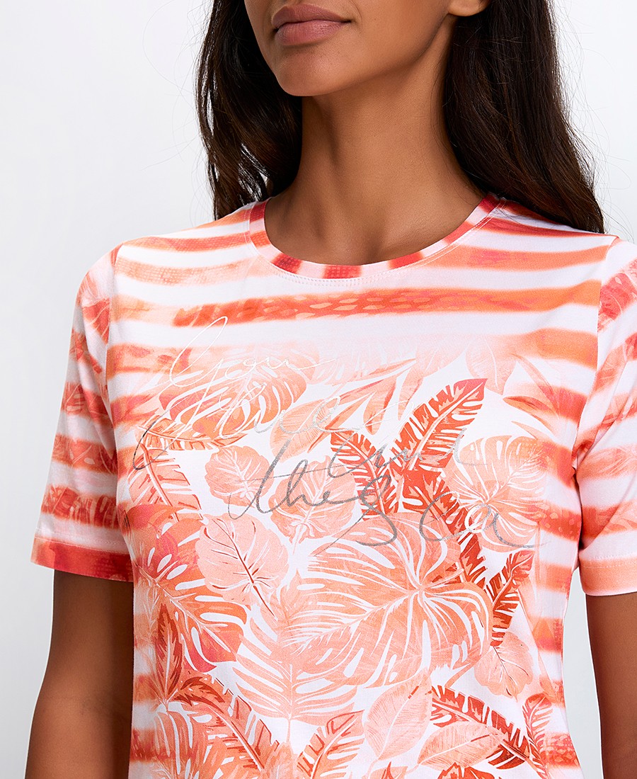 Γυναικείο T-shirt με Ριγέ Βάση και Τροπικό Μοτίβο Regular Fit φωτογραφία