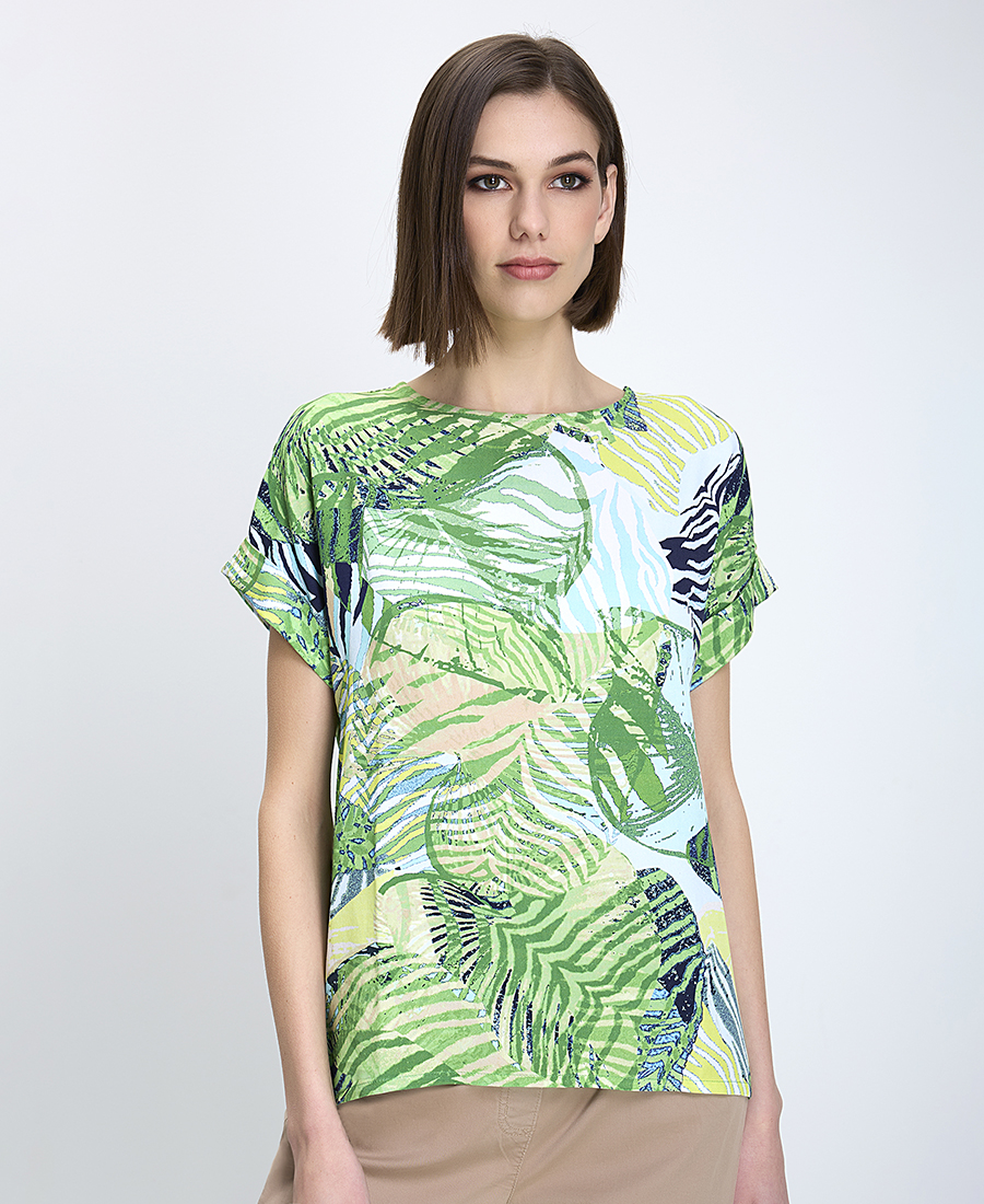 Clarina Γυναικείο T-Shirt Κανονική Γραμμή Βισκόζη Με Τροπικό Print Πράσινο