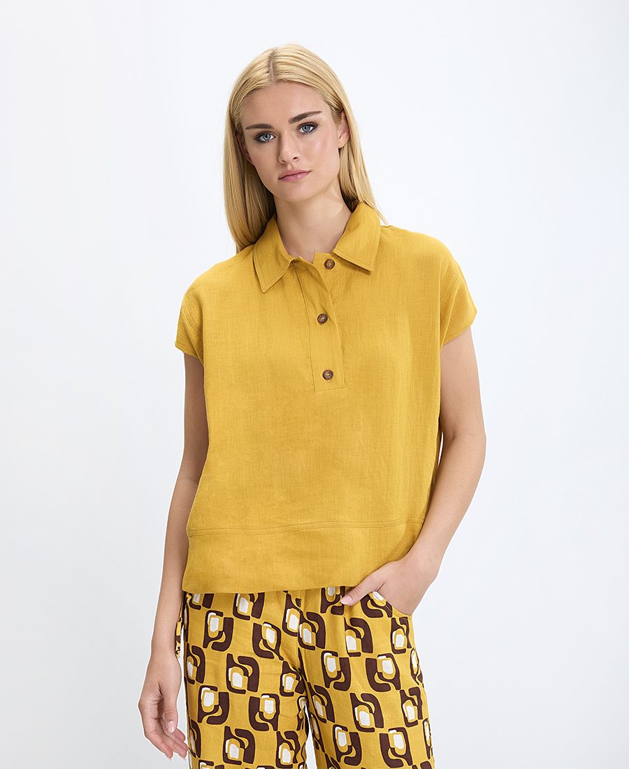 Laura Donini Γυναικείο Τοπ Λινό με Γιακά και Κουμπιά σε Μουσταρδί