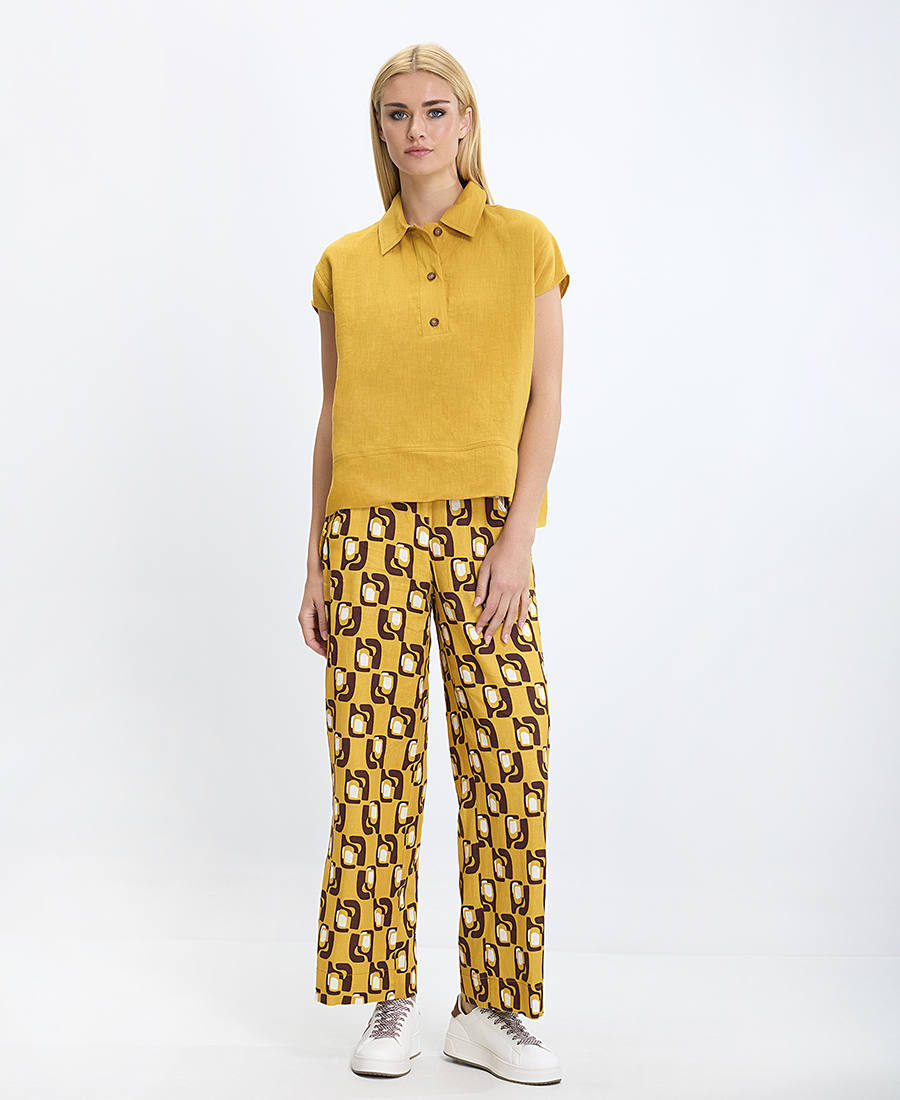 Γυναικείο Τοπ Λινό με Γιακά και Κουμπιά σε Μουσταρδί φωτογραφία