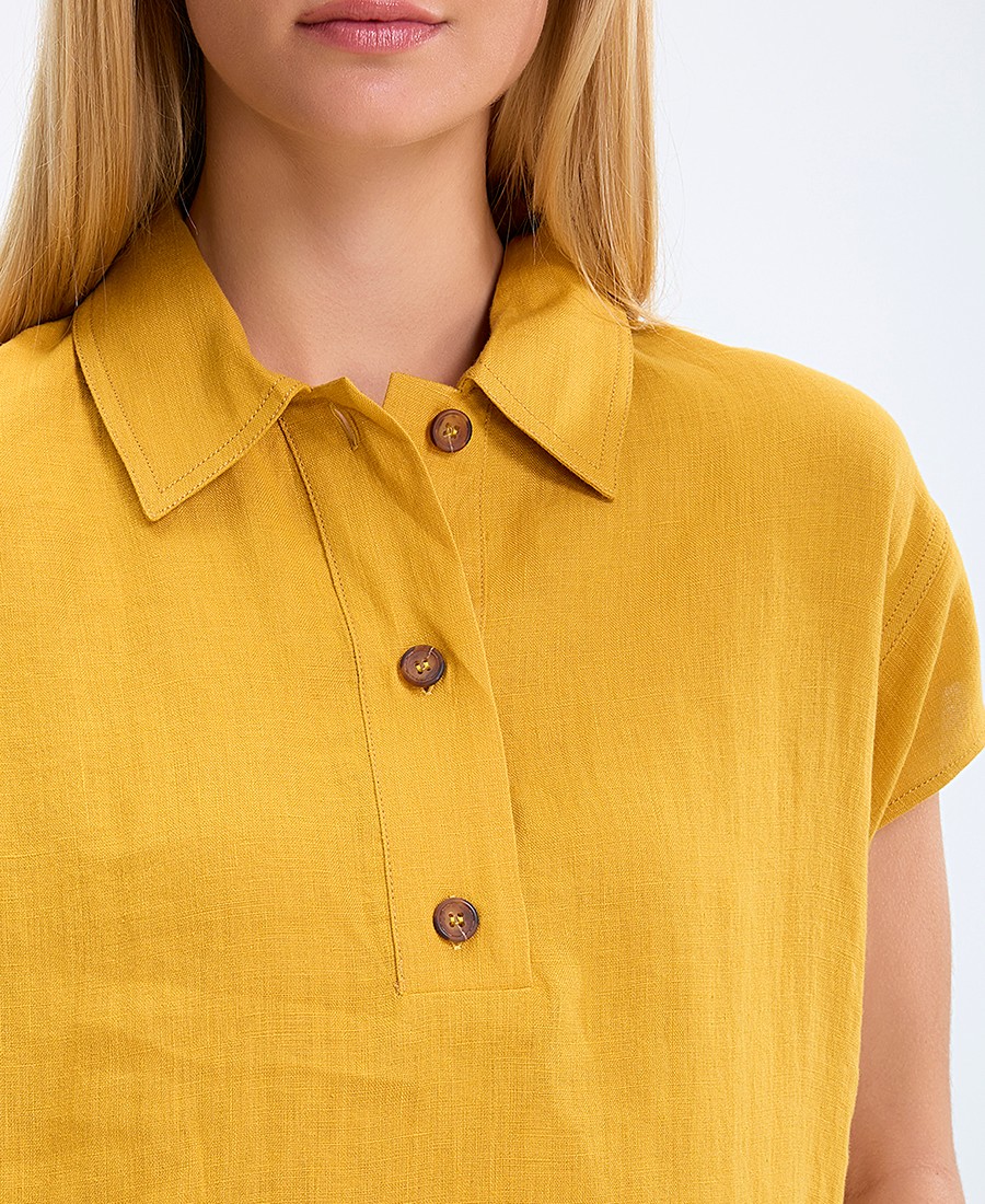 Γυναικείο Τοπ Λινό με Γιακά και Κουμπιά σε Μουσταρδί φωτογραφία