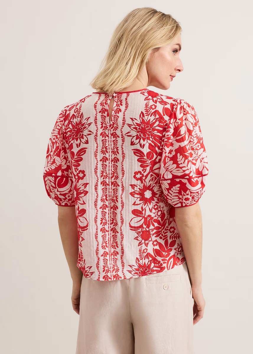 Phase Eight Γυναικείο Τοπ με Φλοράλ Σχέδιο και Φουσκωτά Μανίκια Regular Fit σε Κόκκινο φωτογραφία