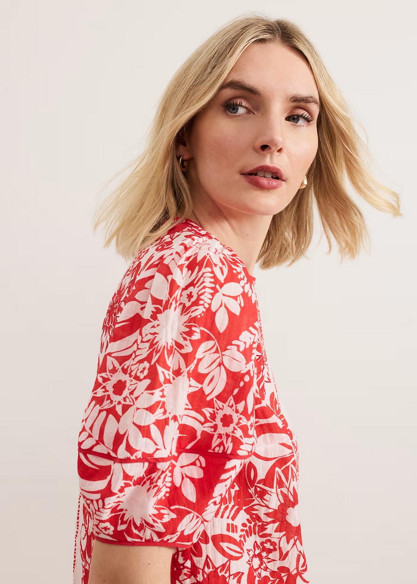 Phase Eight Γυναικείο Τοπ με Φλοράλ Σχέδιο και Φουσκωτά Μανίκια Regular Fit σε Κόκκινο φωτογραφία
