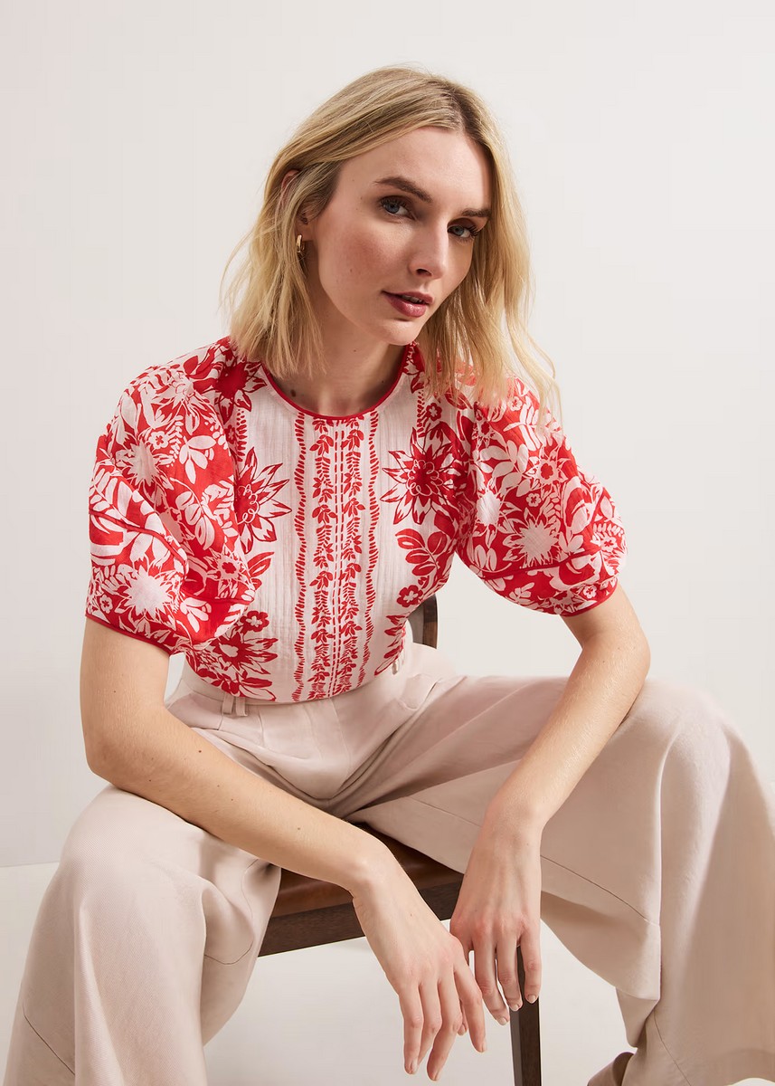 Phase Eight Γυναικείο Τοπ με Φλοράλ Σχέδιο και Φουσκωτά Μανίκια Regular Fit σε Κόκκινο φωτογραφία