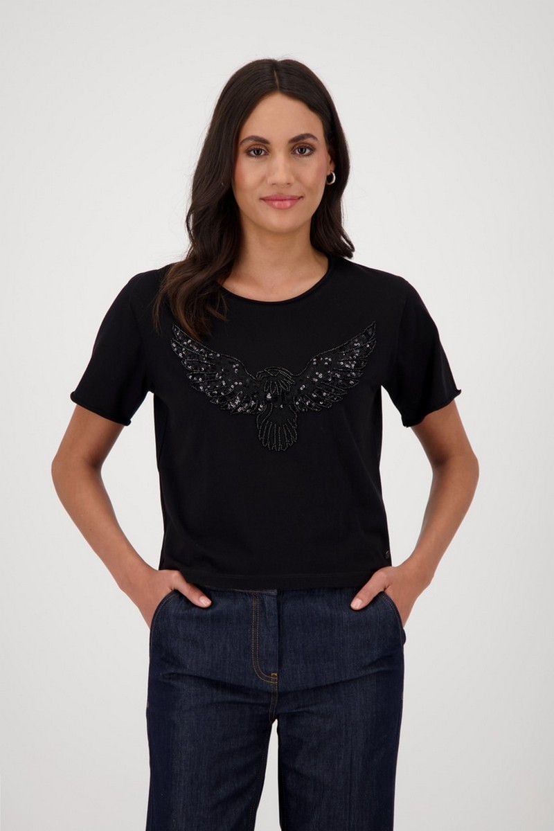 Monari Monari Γυναικείο T-Shirt Βαμβακερό με Διακοσμητικές Χάντρες σε Μαύρο