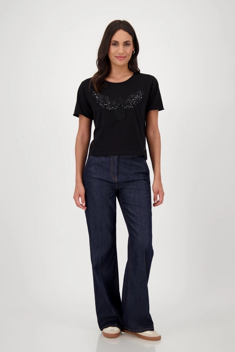 Monari Γυναικείο T-Shirt Βαμβακερό με Διακοσμητικές Χάντρες σε Μαύρο φωτογραφία