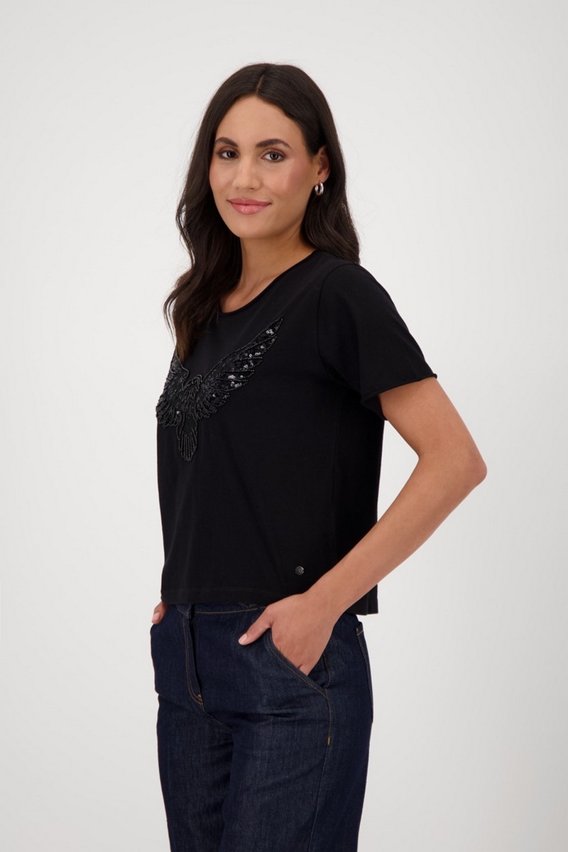 Monari Γυναικείο T-Shirt Βαμβακερό με Διακοσμητικές Χάντρες σε Μαύρο φωτογραφία