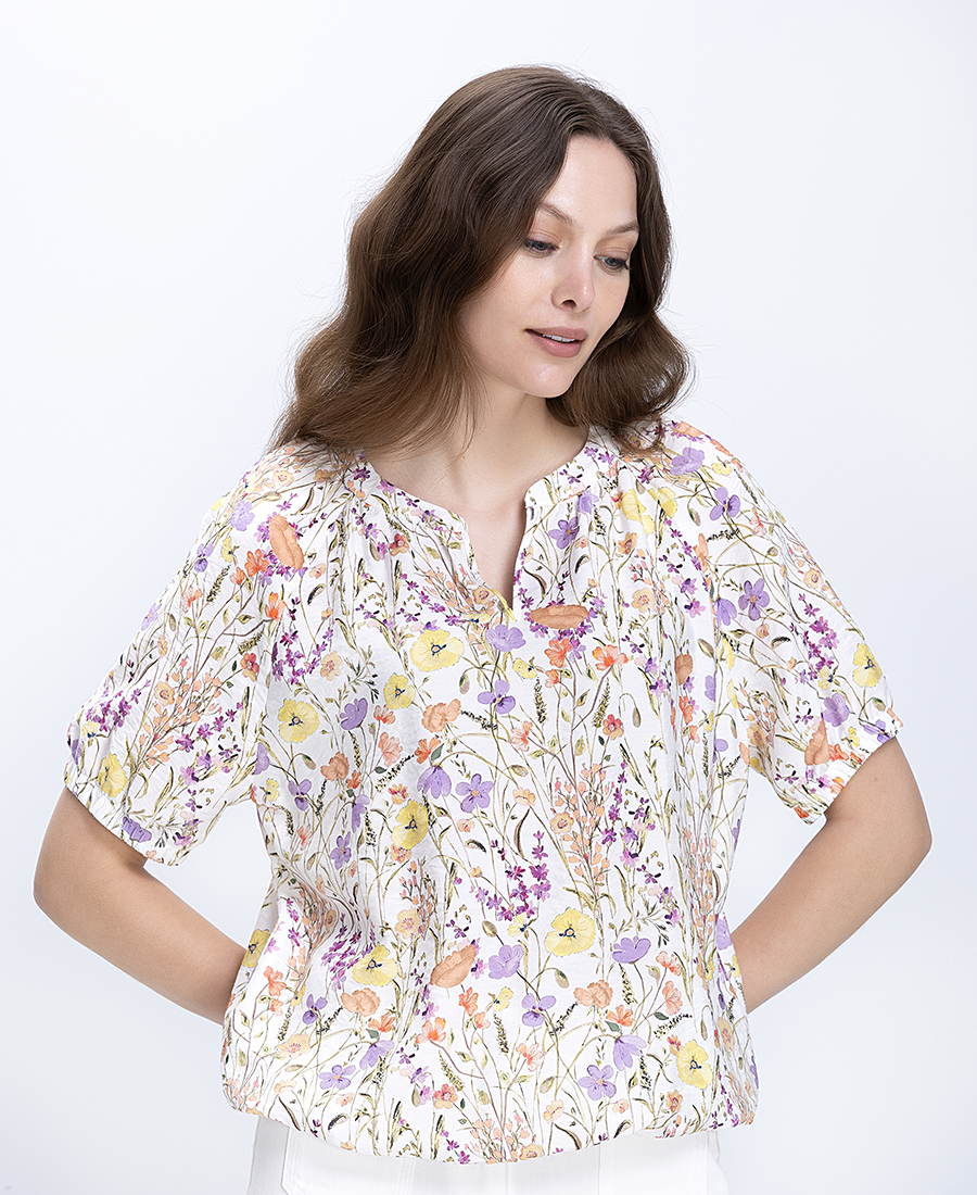 Γυναικεία Μπλούζα Floral Relaxed Fit Με Σούρα Στον Λαιμό