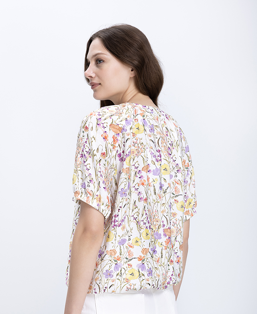 Bianca Γυναικεία Μπλούζα Floral Relaxed Fit Με Σούρα Στον Λαιμό - 3