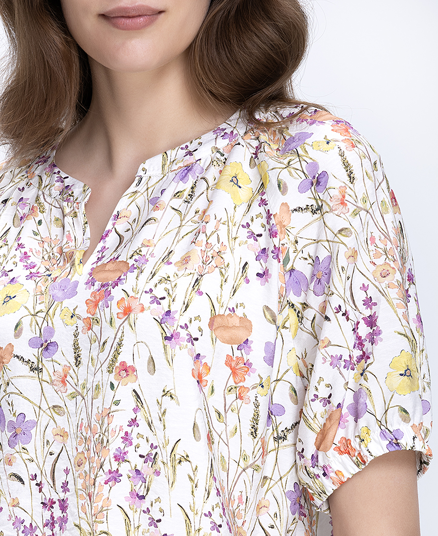 Bianca Γυναικεία Μπλούζα Floral Relaxed Fit Με Σούρα Στον Λαιμό - 4