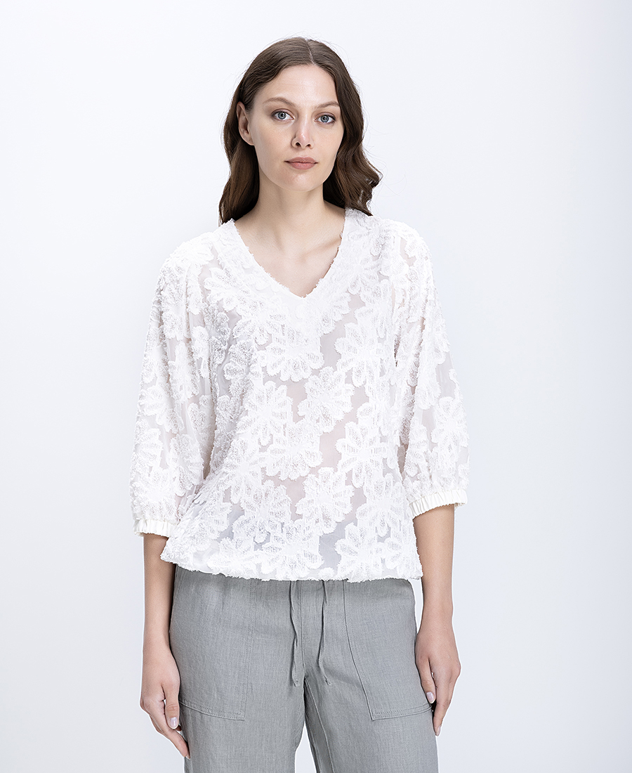 Γυναικεία Μπλούζα Δαντελένια Relaxed Fit Με Ανάγλυφο Floral Σχέδιο