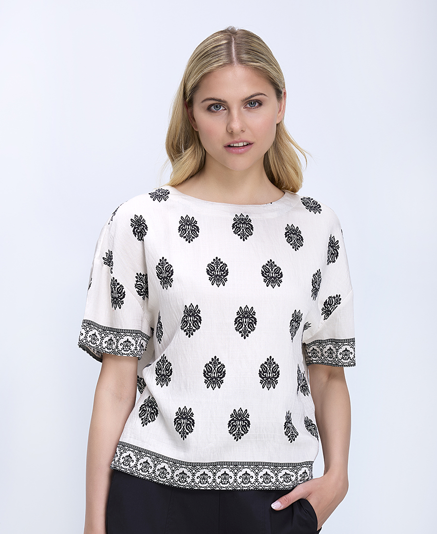 Mina Roo Γυναικεία Μπλούζα Με Ethnic Print Και Διακοσμητικές Μπορντούρες