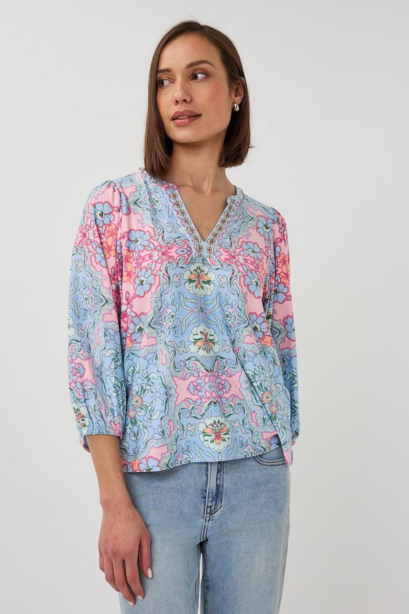 Esqualo Γυναικεία Μπλούζα Printed Three Quarter Sleeve Regular Fit Με Χάντρες Στο Ντεκολτέ