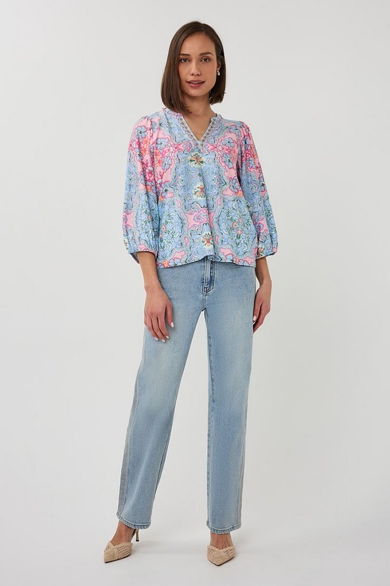 Esqualo Γυναικεία Μπλούζα Printed Three Quarter Sleeve Regular Fit Με Χάντρες Στο Ντεκολτέ