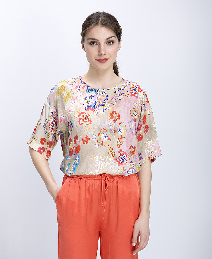 Elena Miro Γυναικεία Μπλούζα Floral Print Με Κοντό Μανίκι Regular Fit