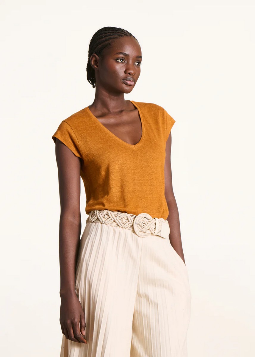 La Fee Maraboutee Γυναικείο Λινό T Shirt Με V Neckline Regular Fit