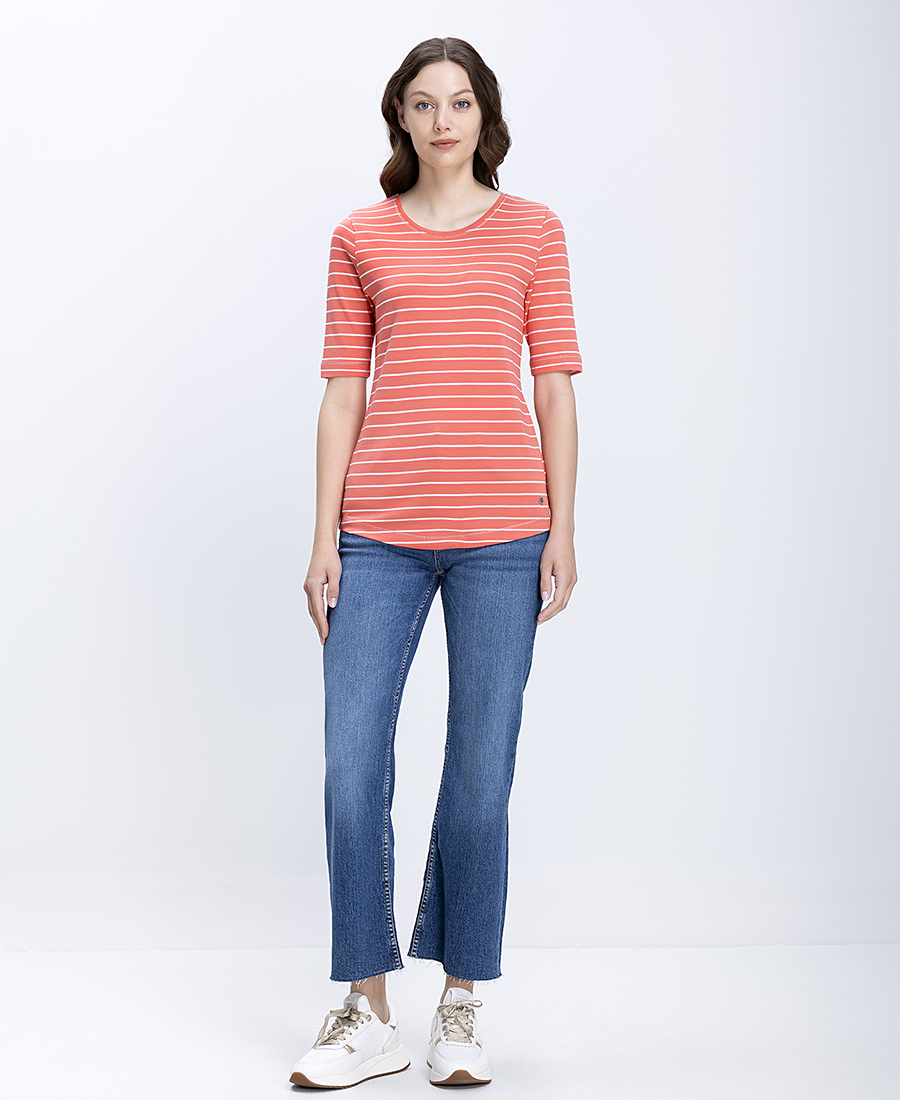 Clarina Γυναικεία Βαμβακερή Μπλούζα Regular Fit Με Ριγέ Σχέδιο - 2