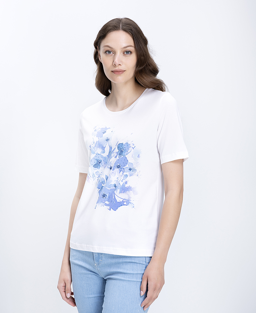 Γυναικείο T-Shirt Βαμβακερό Με Floral Σχέδιο Και Strass Λεπτομέρειες
