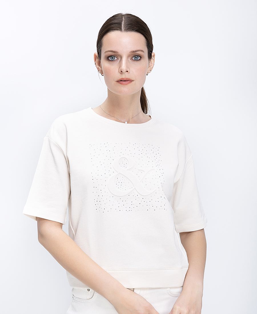 Monari Γυναικείο Sweatshirt Βαμβακερό Με Ανάγλυφο Έμβλημα Και Πλαϊνά Ανοίγματα