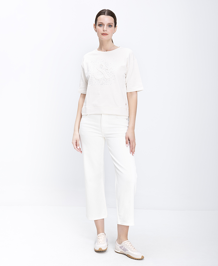 Monari Γυναικείο Sweatshirt Βαμβακερό Με Ανάγλυφο Έμβλημα Και Πλαϊνά Ανοίγματα