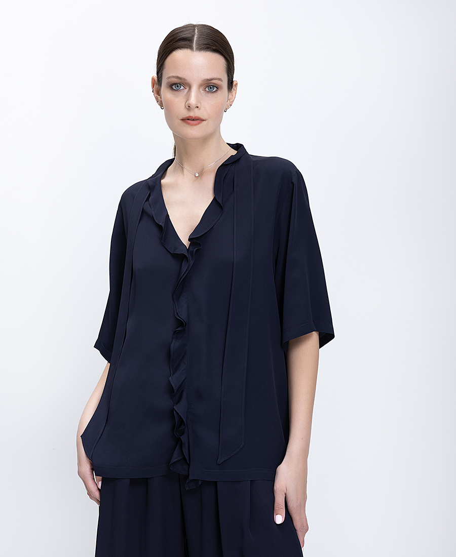 Momoni Momoni Γυναικεία Μπλούζα Με Βολάν Και Κοντό Μανίκι Loose Fit