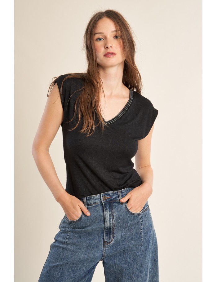 Molly Bracken Γυναικείο Μπλουζάκι Με V Λαιμόκοψη Και Ασημί Λεπτομέρεια