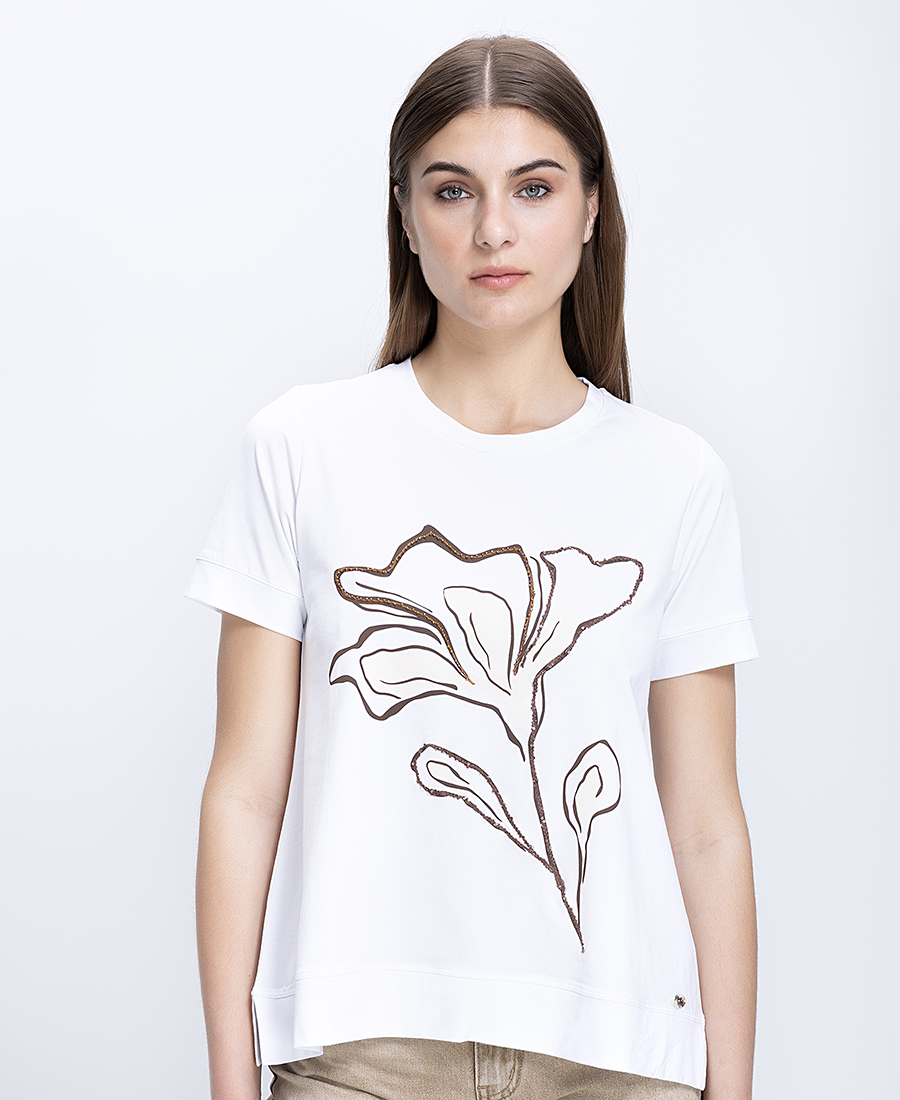 Γυναικείο Βαμβακερό T-Shirt Με Floral Κέντημα