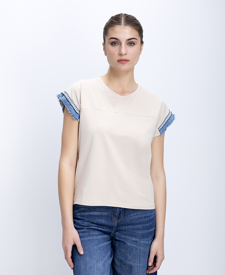 Γυναικεία Βαμβακερή Μπλούζα Με Denim Λεπτομέρειες Στα Μανίκια