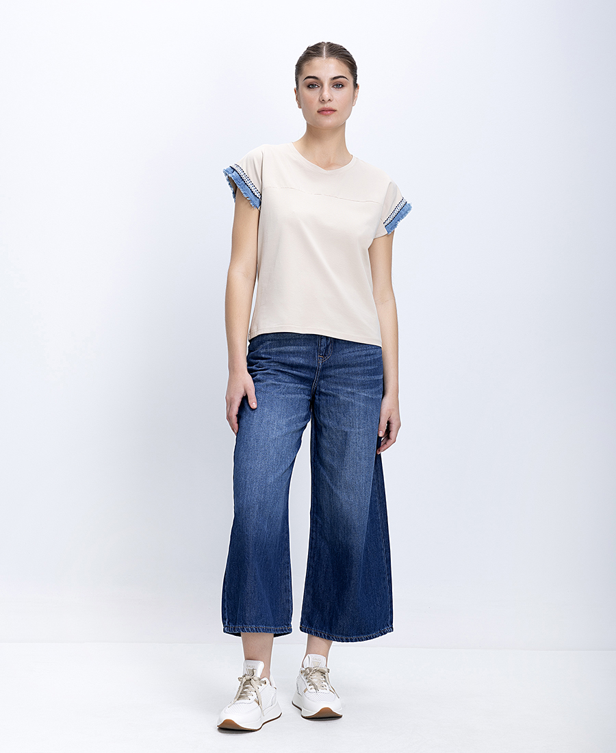 Γυναικεία Βαμβακερή Μπλούζα Με Denim Λεπτομέρειες Στα Μανίκια